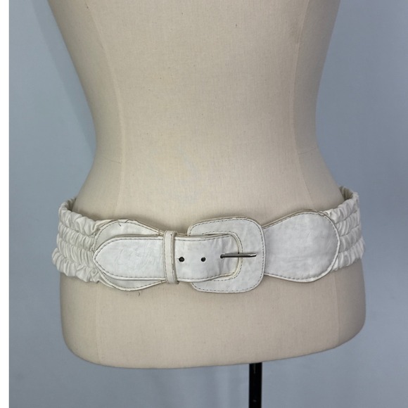 Nine West Accessories - Nine West Off White Elastic Ruched Wide Cinch Belt Buckle Size L/XL 33-36 Waist